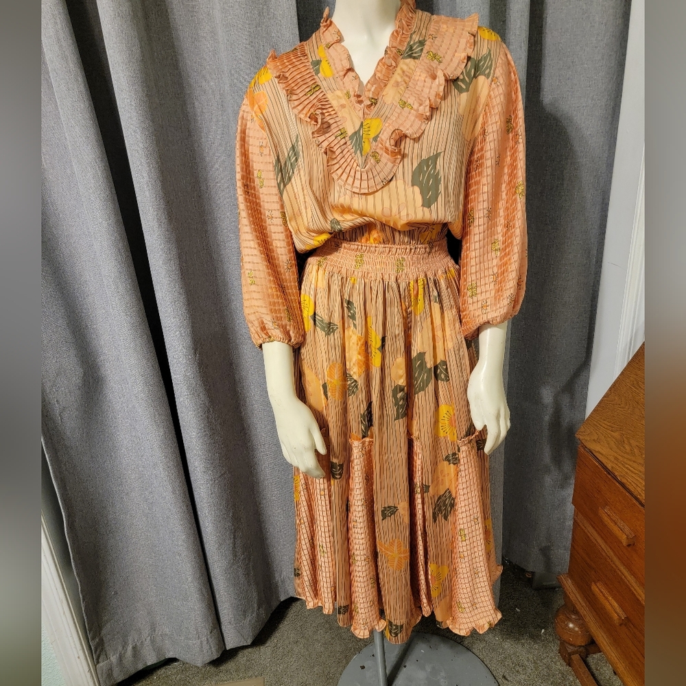 Vtg 80s Pleated Prairie Romantic Cottagecore JUDI MICHAEL Ruffle Dress S/M